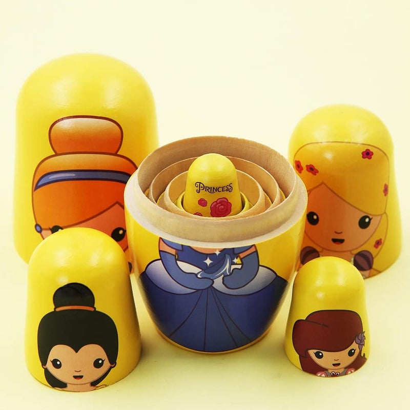 Winterworm Cute Princess Nesting Dolls for Girls5 Pcs Girl with Dress Handmade Wooden Russian Nesting Doll Yellow Matryoshka Dolls for Kids Toy Birthday Christmas New Year Girl Women Gift Home Decoration  - Image 5
