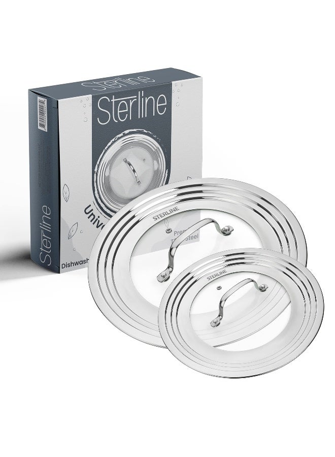 Sterline Universal Lids Set with Tempered Glass Top - Fits 5-12 Inch Pots, Pan, and Skillets - Set of 2, Large and Small, Stainless Steel Replacement Pot Lid for Kitchen Organizing, Space Saving - Image 1