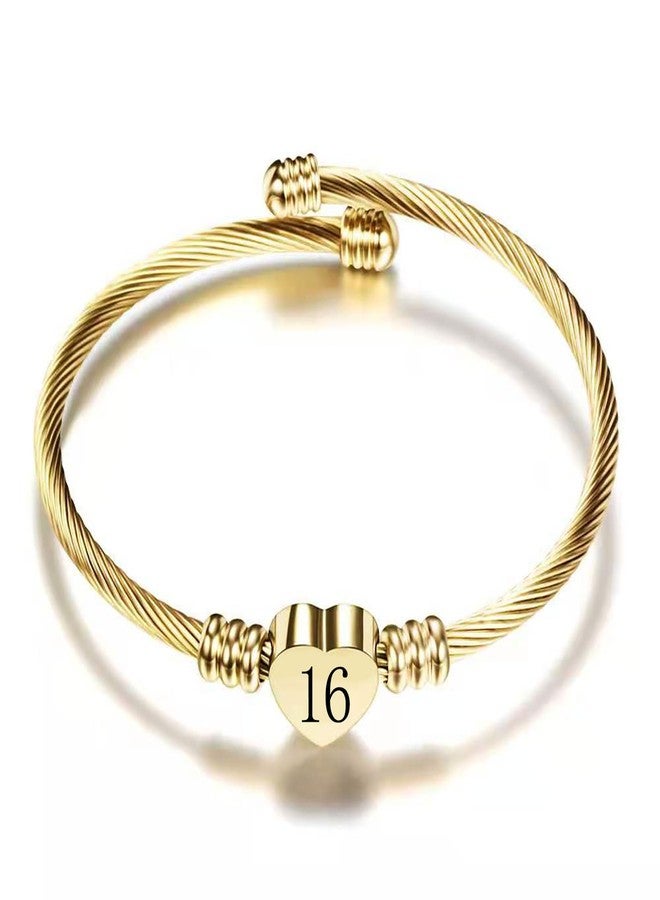 KunBead 16th Birthday Love Heart Gold Tone Bracelets for Women Expandable Lucky Number Age Bangle Cuff Stainless Steel Bracelet - Image 1
