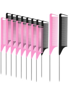 Patelai 18 Pieces Parting Comb For Braids Rat Tail Comb Stainless Steel Pintail Comb Teasing Combs For Hair Cutting Hair Styling Hairdressing (Black Pink)  - Image 1