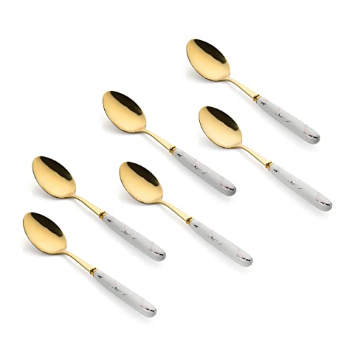 MGeezz Golden Stainless Steel Spoon Set for Home Kitchen & Restaurant Cutlery Dinner Table Bouillon Spoon with Ceramic Handle Tableware (Golden Big Spoon Set of 6-15cm) - Image 1