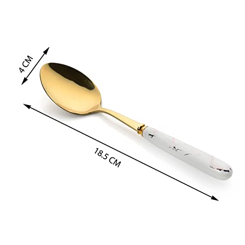 MGeezz Golden Stainless Steel Spoon Set for Home Kitchen & Restaurant Cutlery Dinner Table Bouillon Spoon with Ceramic Handle Tableware (Golden Big Spoon Set of 6-15cm) - Image 3