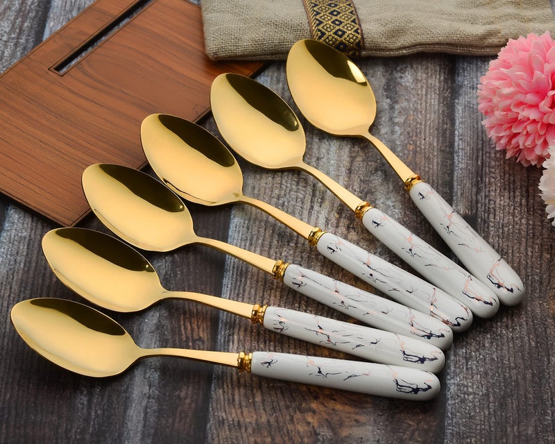 MGeezz Golden Stainless Steel Spoon Set for Home Kitchen & Restaurant Cutlery Dinner Table Bouillon Spoon with Ceramic Handle Tableware (Golden Big Spoon Set of 6-15cm) - Image 2