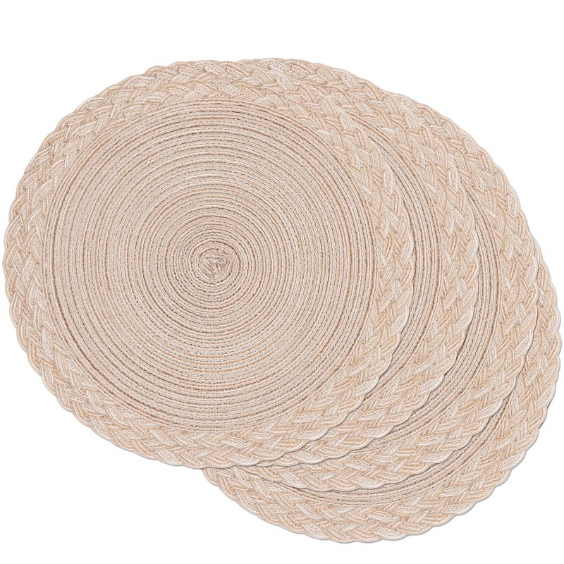 SHACOS SHACOS Round Placemats Set of 6 Boho Woven Braided Border Table Mats Washable Heat Resistant 15 inch Circle Place Mats for Dining Table Beige 
