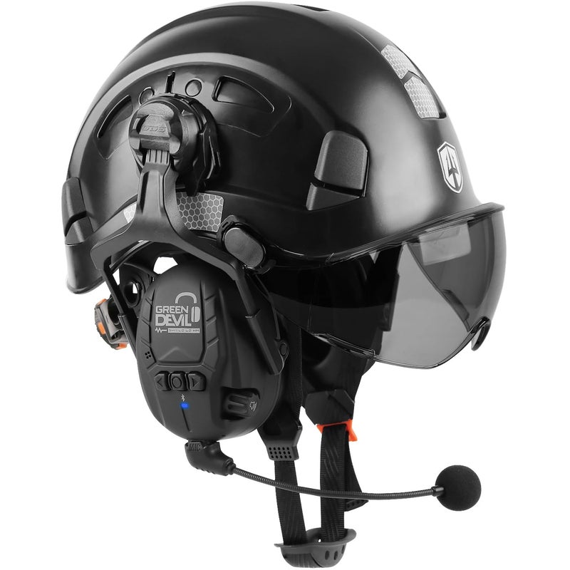 GREEN DEVIL Hard Hat Safety Helmet with Visor and Bluetooth Ear Muffs Full Protection Vented Work Hardhat ANSI Z891 Cascos De Construccion for Industrial Construction Forestry