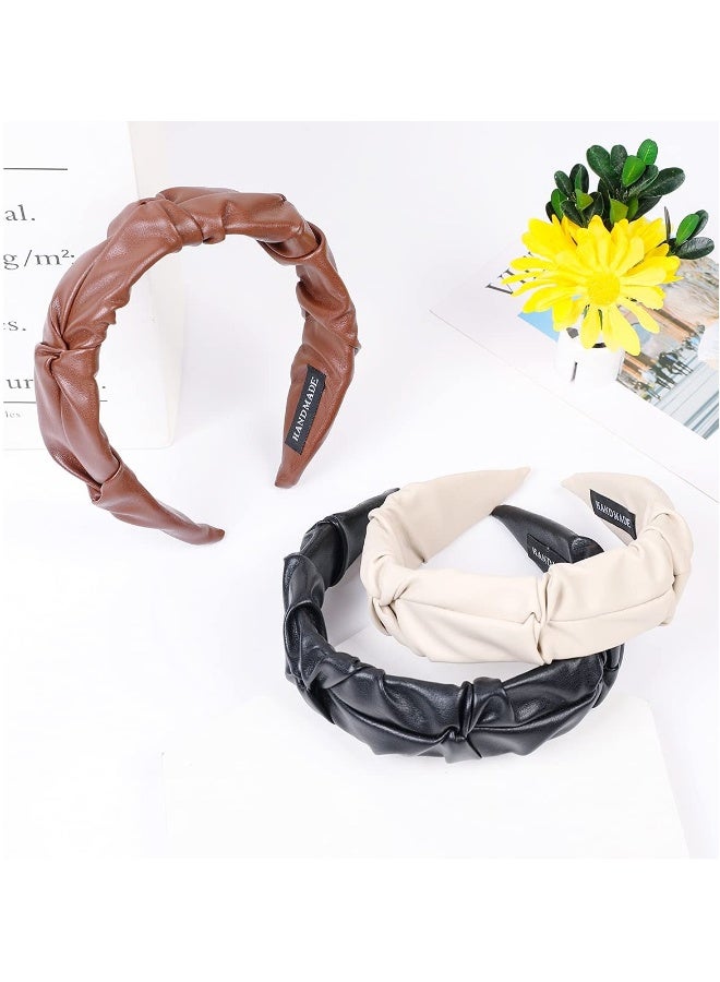 3 Pcs Pu Leather Headbands, Folds Headbands Headwear Barrette Styling Tools Accessories for Girls and Women, Fashion Hair Hoop Solid Hairband for Girls Hair Accessories（Black, Brown, Beige） - Image 1