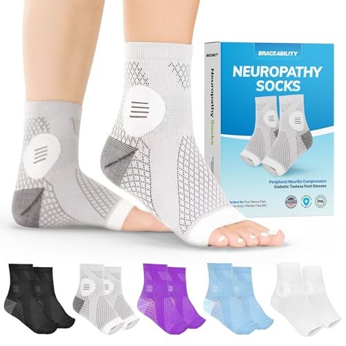 BraceAbility Neuropathy Socks Pair Peripheral Neuritis Compression Diabetic Toeless Foot Sleeves for Nerve Damage Pain in Feet Ankle Gout Plantar Fasciitis Relief Brace for Men and Women S Gray