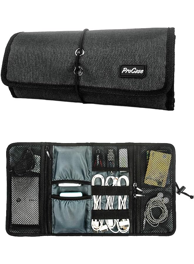 Procases Electronic Organizer Cord Pouch, Travel Cable Charger Phone Accessories Bag Organizer Roll up Tech Carrying Case for USB Cables SD Memory Cards Earphone Flash Hard Drive –Black - Image 1