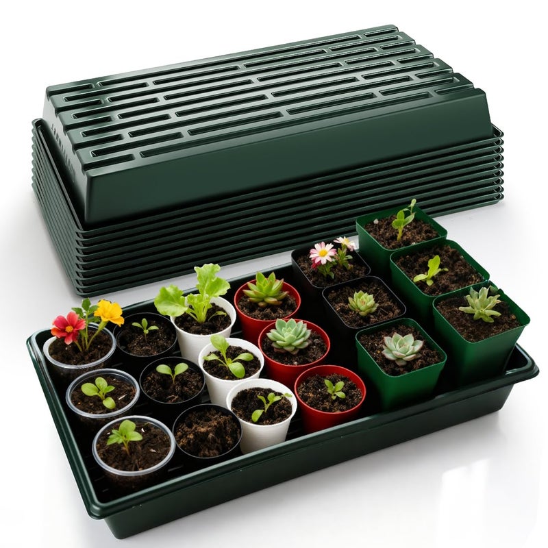 RooTrimmer 10 Pack 1020 Trays No Holes-Reusable Nursery Flats for 50/72 Cell Plug Tray, Heavy Duty Seed Starter Trays for Transplant, Seed Starting, Plant Propagation & Seed Germination (Dark Green) - Image 1