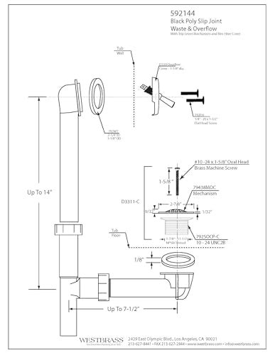 Westbrass 592144-12 1-1/2" x 14" Black Poly Tubular Bath Waste & Overflow Assembly with Trip Lever and Beehive Strainer Grid Drain Cover, 1-Pack, Oil Rubbed Bronze - Image 2