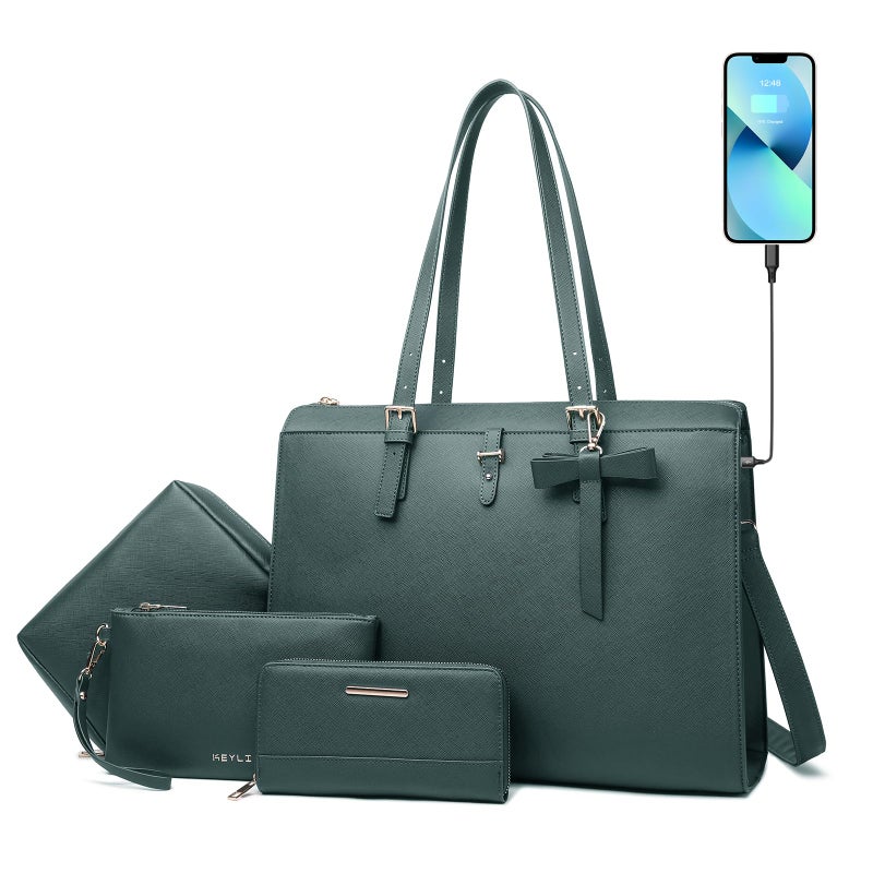 Keyli Laptop Tote Bag for Women Large Tote Bag Waterproof Leather Work Laptop Briefcase with Builtin USB Charging Port Computer Shoulder Bags Fits 156 Inch Business Handbag Purse 4pcs Set Green