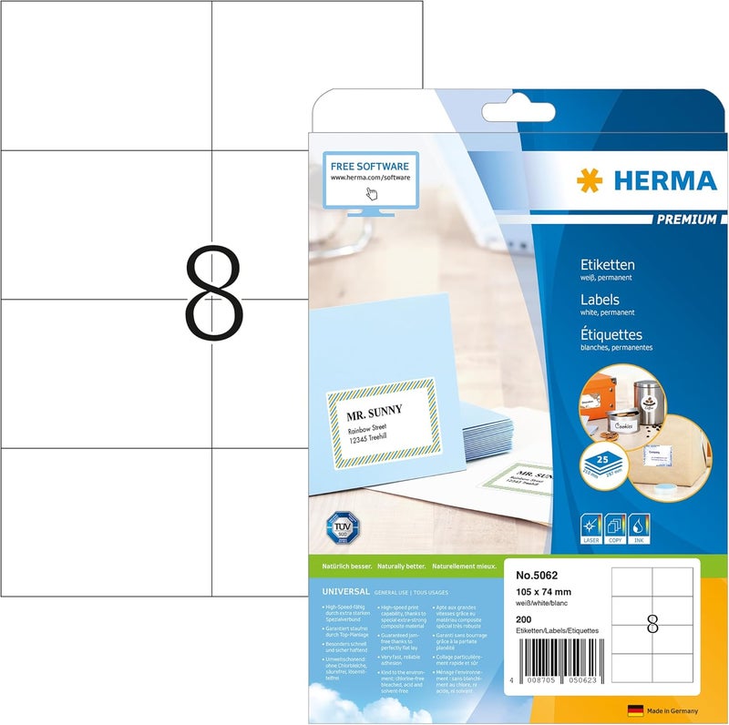 Herma Self Adhesive Shipping Labels, 8 Labels per A4 Sheet, 25 Sheets, 105 x 74 mm, 200 Labels, Blank Parcel Labels Stickers, Sticky Labels for Laser & Inkjet Printer, White - Image 1