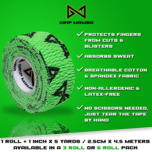 GRIP MAMBA Elastic Athletic Finger Tape, 1”Wide w/Premium Adhesive, Protects Hand Thumb Fingers Enhances Grip, Sleeve Blister Wrap for Sports, Golf, Tennis, Basketball, Pickleball (Green, 3 Rolls) - Image 5