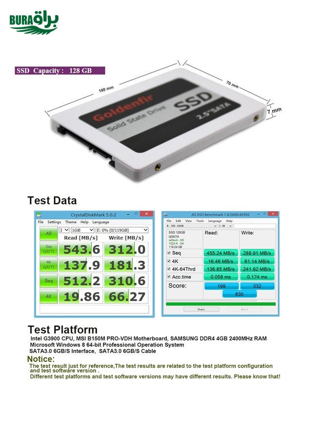 BURAQ Goldenfir SSD 2.5 inch SATA Hard Drive Disk Disc Solid State Disk, Capacity: 128GB  - Image 4