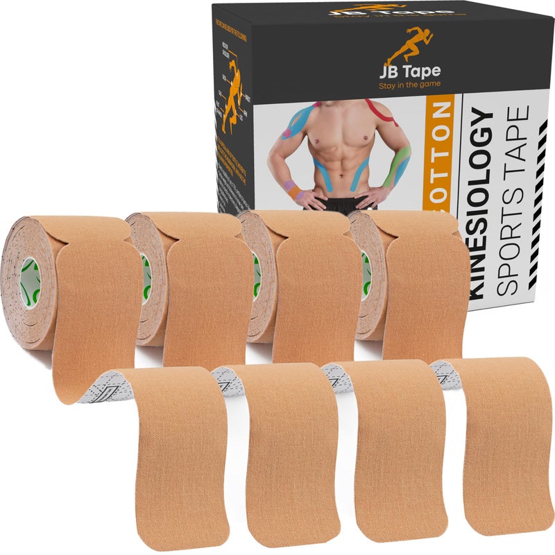 June Bugz Enterprises JB Tape Kinesiology Tape â€“ 80 Precut 10-Inch Strips â€“ Beige â€“ Elastic, Latex-Free, Water Resistant â€“ Athletic Muscle & Joint Support â€“ 4 Rolls - Image 1