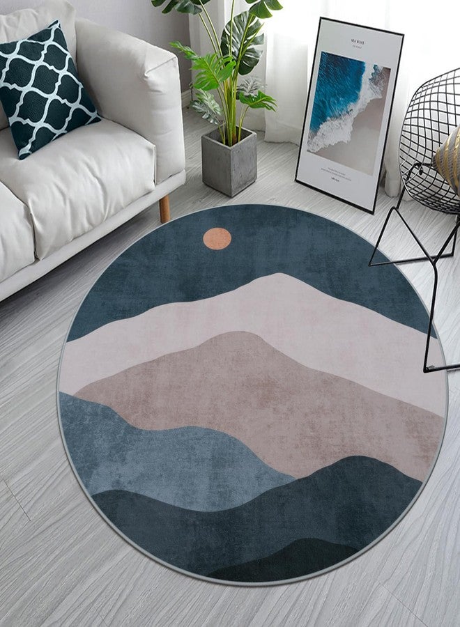 Sungea 4ft Abstract Round Area Rug,Chic Faux Wool Washable Non-Slip Sun and Mountain Circle Rug,Soft Ultra-Thin Throw Rugs for Living Room/Bedroom/Office/Entryway/Kitchen(Blue) - Image 1