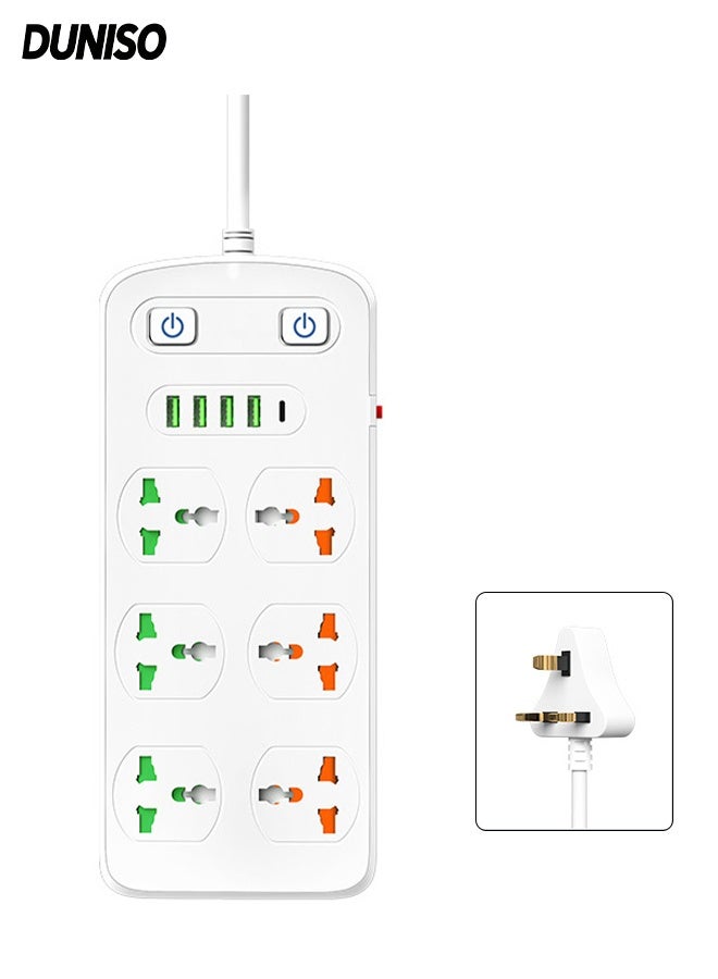DUNISO Power Strip，11-in-1 Power Socket Extension Plug，Universal 6-Outlet Surge Protector Power Strip with 4 USB and 1 PD Charging Port，for Home，Office，Outdoor ﻿ - Image 1