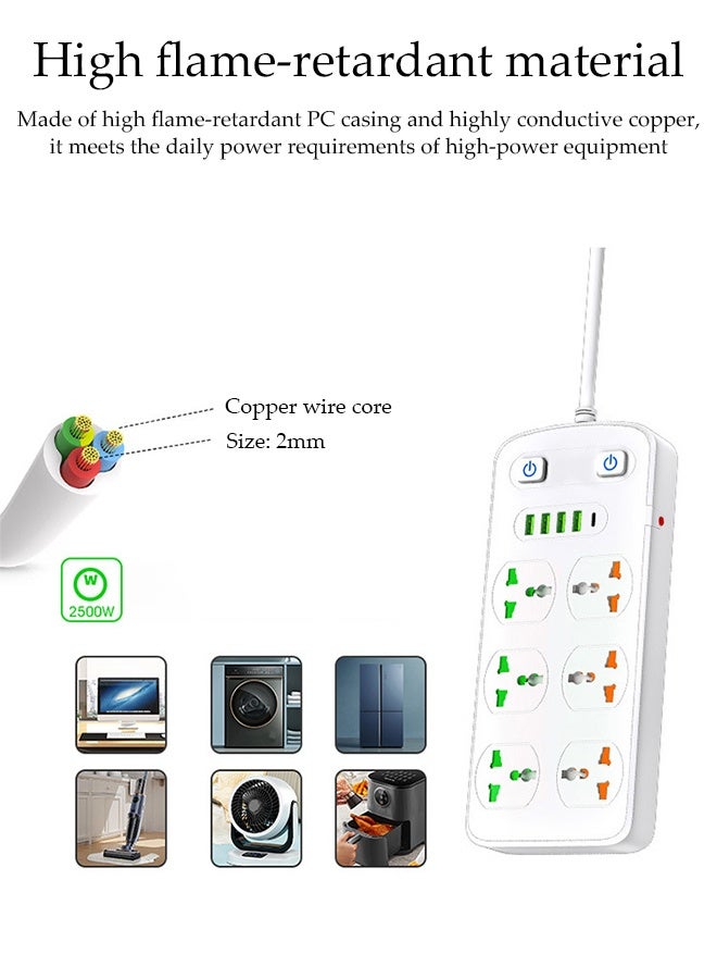 DUNISO Power Strip，11-in-1 Power Socket Extension Plug，Universal 6-Outlet Surge Protector Power Strip with 4 USB and 1 PD Charging Port，for Home，Office，Outdoor ﻿ - Image 5