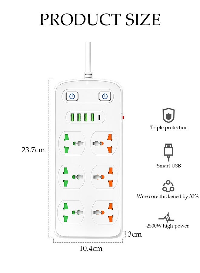 DUNISO Power Strip，11-in-1 Power Socket Extension Plug，Universal 6-Outlet Surge Protector Power Strip with 4 USB and 1 PD Charging Port，for Home，Office，Outdoor ﻿ - Image 2