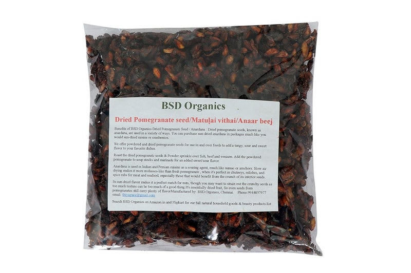 BSD Organics Dried Pomegranate seedMatuai vithaiAnaar beejAnardana for Soupschutneys relishes and spice rubs for meat seafood and more 400 grams