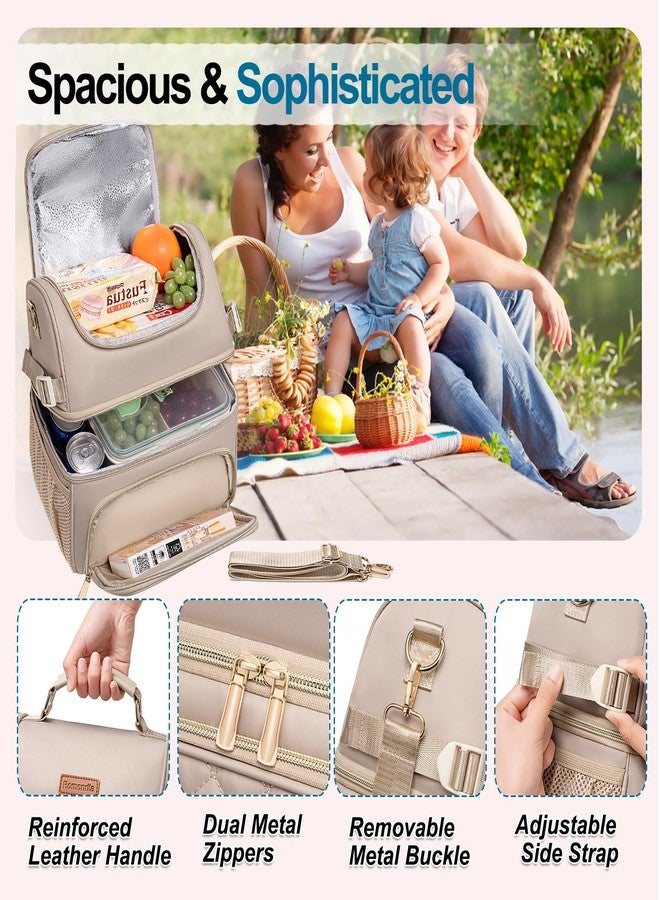 Romenrita Lunch Bags for Women,Dual Compartment Lunch Box Lunch Bag for Work,Leakproof Lunch Cooler Large Insulated Lunchbox for Adult for Women Men, Lunchbag for Picnic Beach (Khaki) - Image 4