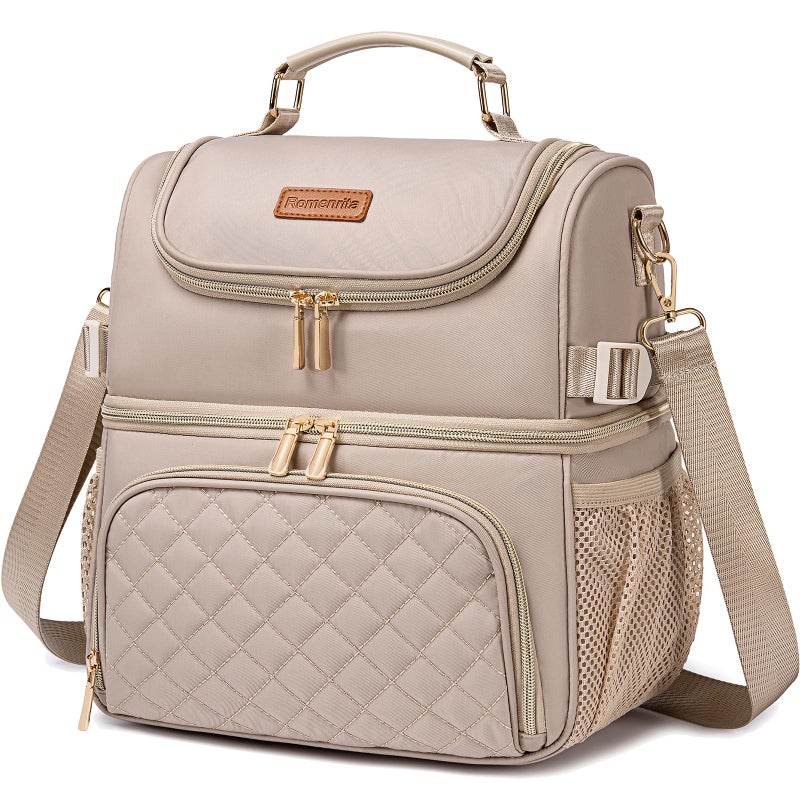 Romenrita Lunch Bags for Women,Dual Compartment Lunch Box Lunch Bag for Work,Leakproof Lunch Cooler Large Insulated Lunchbox for Adult for Women Men, Lunchbag for Picnic Beach (Khaki) - Image 1