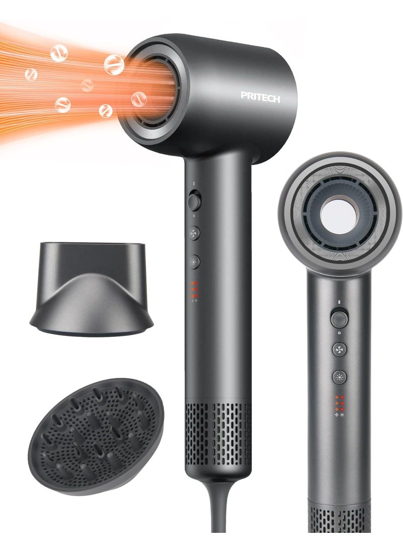 PRITECH Professional Hair Dryer with Diffuser - 1600W High-Speed 110,000 RPM Brushless Motor, Negative Ion Technology & Quiet Operation, 5 Temp 3 Speed Settings, Includes Concentrator Nozzle