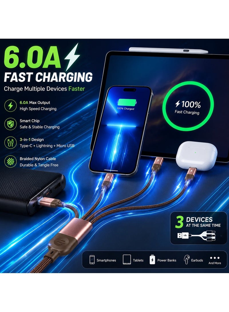 كابل شحن سريع 3 في 1، كابل USB من النايلون المضفر، كابل شحن من النوع C، كابل شحن Lightning، كابل شحن Micro USB بقوة 6 أمبير، سلك شحن متعدد الاستخدامات لأجهزة iPhone، Android، Samsung، Huawei، Xiaomi، وبطاريات الشحن المحمولة. - Image 2