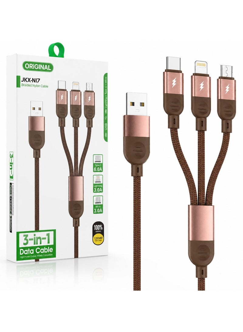 كابل شحن سريع 3 في 1، كابل USB من النايلون المضفر، كابل شحن من النوع C، كابل شحن Lightning، كابل شحن Micro USB بقوة 6 أمبير، سلك شحن متعدد الاستخدامات لأجهزة iPhone، Android، Samsung، Huawei، Xiaomi، وبطاريات الشحن المحمولة. - Image 1
