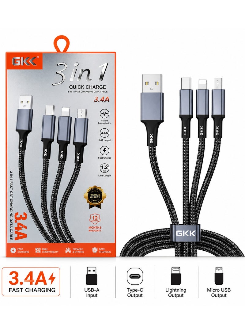 جي كي كي كابل شحن سريع 3 في 1، كابل شحن USB مضفر بقوة 3.4 أمبير، مزود بموصلات USB-C و Lightning و Micro USB، كابل شحن متعدد الاستخدامات لأجهزة iPhone و Samsung وهواتف Android والأجهزة اللوحية وبنوك الطاقة، بطول 1.2 متر - Image 1