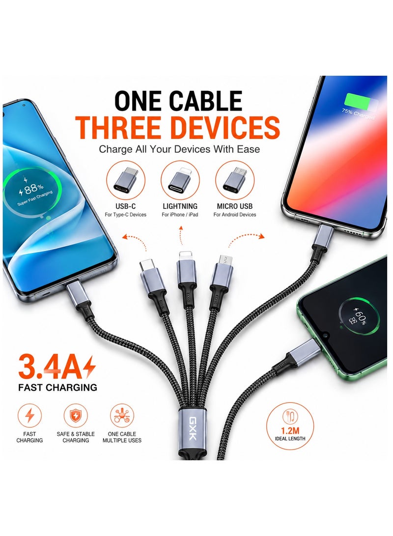 جي كي كي كابل شحن سريع 3 في 1، كابل شحن USB مضفر بقوة 3.4 أمبير، مزود بموصلات USB-C و Lightning و Micro USB، كابل شحن متعدد الاستخدامات لأجهزة iPhone و Samsung وهواتف Android والأجهزة اللوحية وبنوك الطاقة، بطول 1.2 متر - Image 2