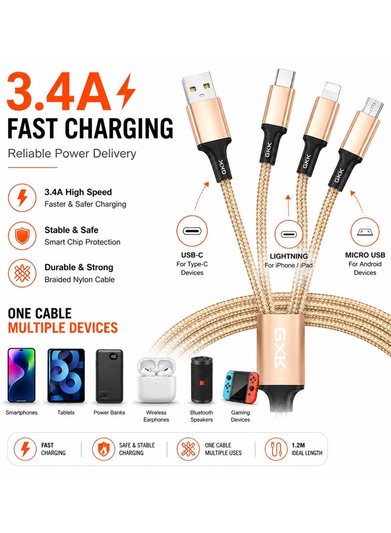 جي كي كي كابل شحن سريع 3 في 1، كابل شحن USB مضفر بقوة 3.4 أمبير، مزود بموصلات USB-C و Lightning و Micro USB، كابل شحن متعدد الاستخدامات لأجهزة iPhone و Samsung وهواتف Android والأجهزة اللوحية وبنوك الطاقة، بطول 1.2 متر - Image 3