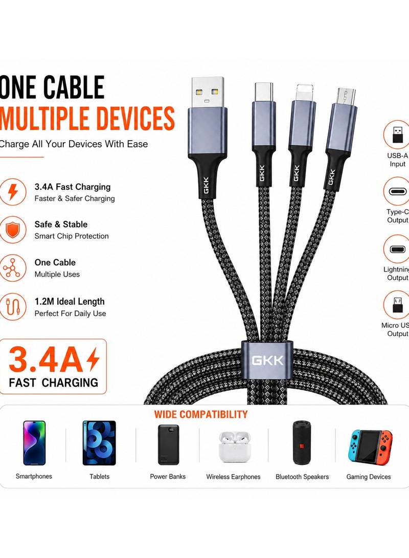 جي كي كي كابل شحن سريع 3 في 1، كابل شحن USB مضفر بقوة 3.4 أمبير، مزود بموصلات USB-C و Lightning و Micro USB، كابل شحن متعدد الاستخدامات لأجهزة iPhone و Samsung وهواتف Android والأجهزة اللوحية وبنوك الطاقة، بطول 1.2 متر - Image 4