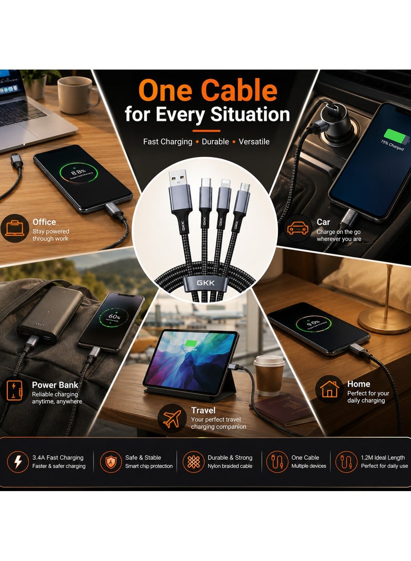 جي كي كي كابل شحن سريع 3 في 1، كابل شحن USB مضفر بقوة 3.4 أمبير، مزود بموصلات USB-C و Lightning و Micro USB، كابل شحن متعدد الاستخدامات لأجهزة iPhone و Samsung وهواتف Android والأجهزة اللوحية وبنوك الطاقة، بطول 1.2 متر - Image 5