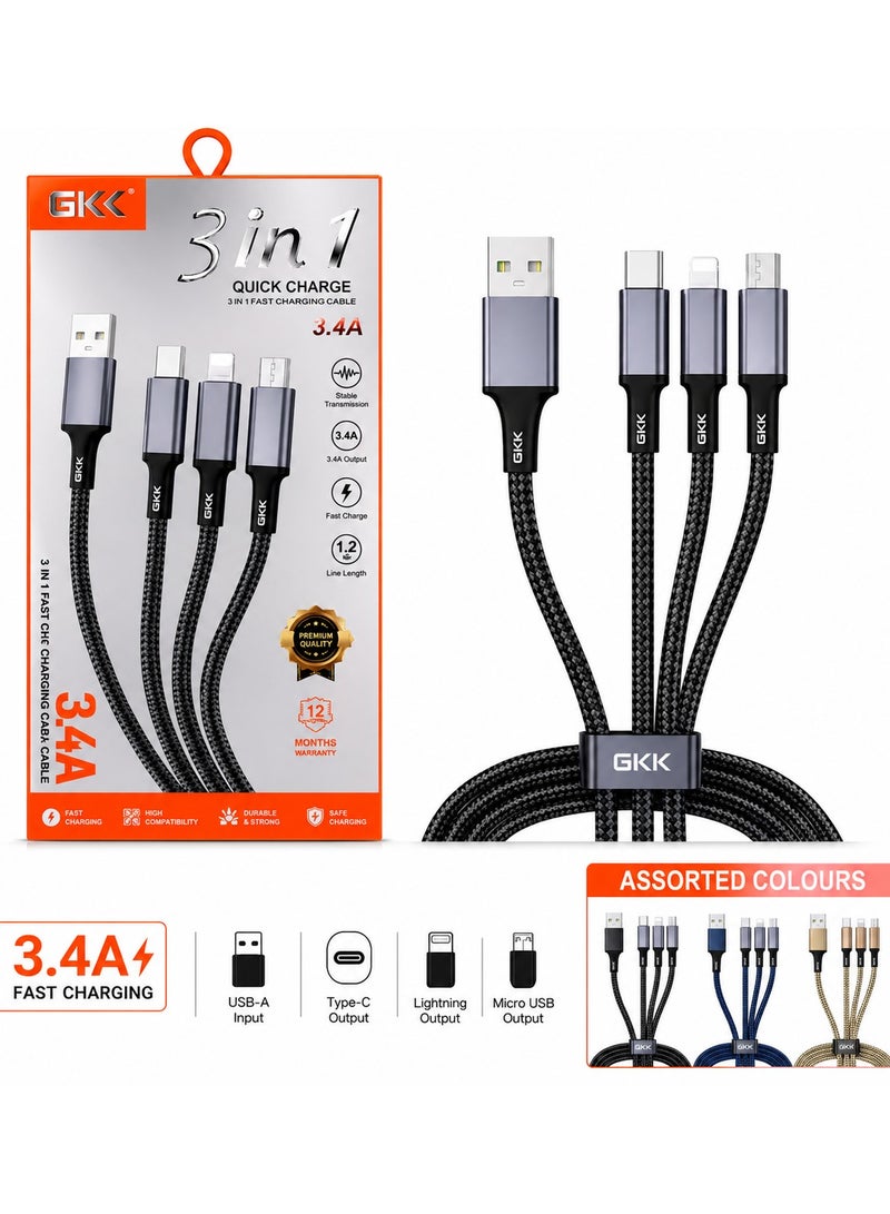 GKK 3 in 1 Fast Charging Cable 3.4A Braided USB Charging Cable with USB-C, Lightning & Micro USB Connectors, Universal Multi Charging Cable for iPhone, Samsung, Android Phones, Tablets & Power Banks, 1.2M - Assorted Colours - Image 1