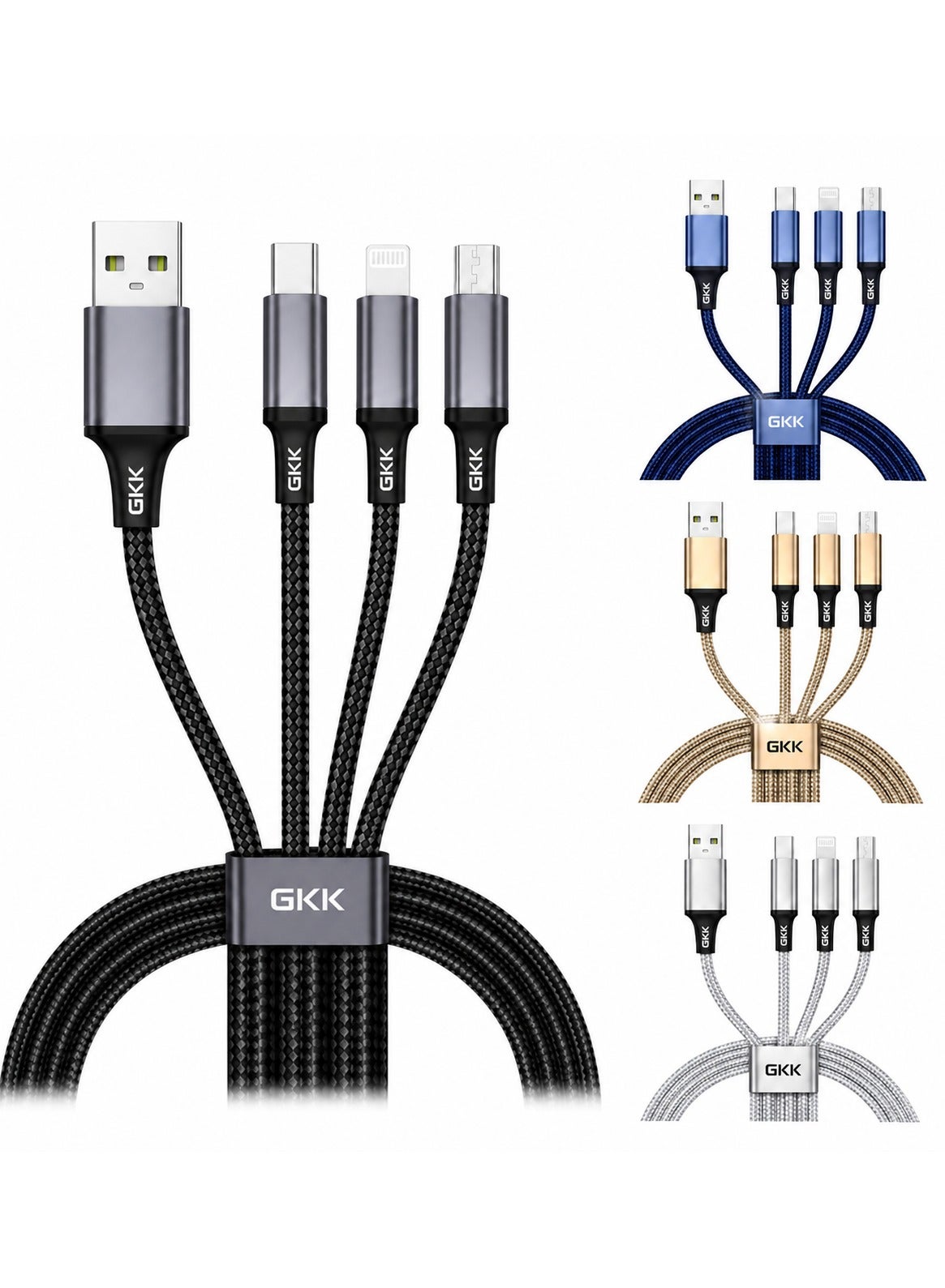 3-in-1 Multi Charging Cable, USB-A to USB-C, Micro-USB, and Lightning Connector – Durable Nylon Braided Fast Charger Cord for Phones, Tablets, Cameras, and Devices