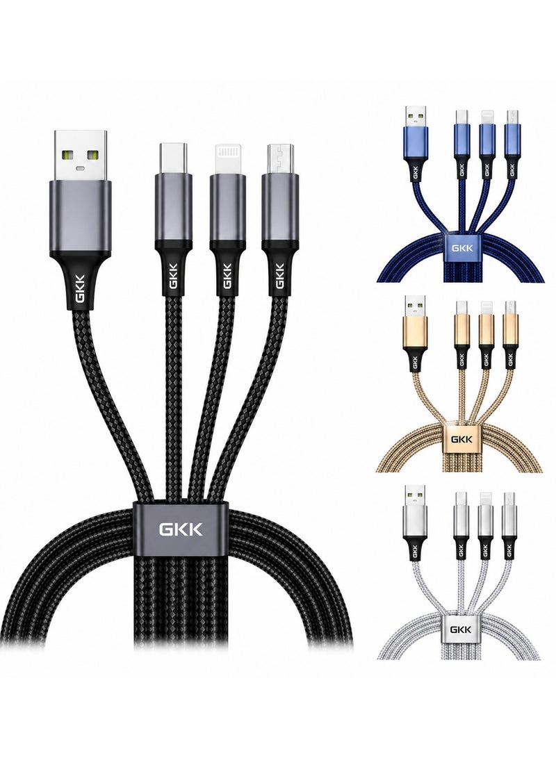 جي كي كي كابل شحن سريع 3 في 1 بقوة 3.4 أمبير، مصنوع من النايلون المضفر، مزود بموصلات USB من النوع C و Lightning و Micro USB، سلك شحن عالمي لأجهزة iPhone و Samsung و Huawei و Xiaomi، بالإضافة إلى بنوك الطاقة والسيارات والأجهزة اللوحية، بألوان متنوعة. - Image 1