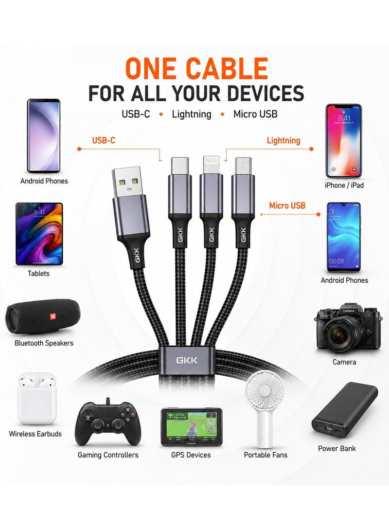 جي كي كي كابل شحن سريع 3 في 1 بقوة 3.4 أمبير، مصنوع من النايلون المضفر، مزود بموصلات USB من النوع C و Lightning و Micro USB، سلك شحن عالمي لأجهزة iPhone و Samsung و Huawei و Xiaomi، بالإضافة إلى بنوك الطاقة والسيارات والأجهزة اللوحية، بألوان متنوعة. - Image 2