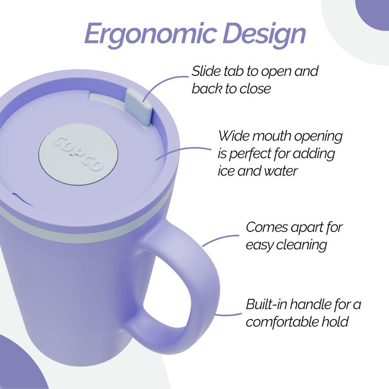 Copco Cone 16oz Insulated Travel Mug with Handle, Double Wall Reusable Plastic Tumbler, Twist-Off Leak-Resistant Lid, Slide-Closure Spout, BPA-Free, Microwave & Dishwasher Safe (Light Purple) - Image 5