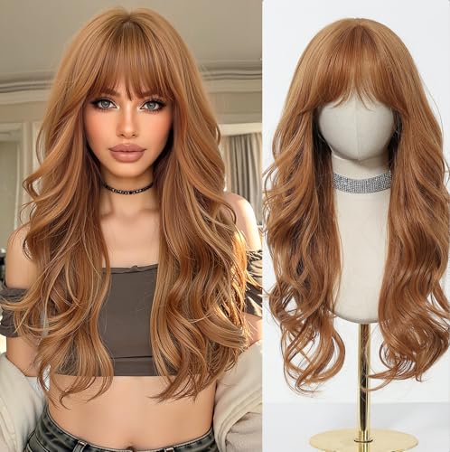 Esmee Long Wavy Strawberry Blonde with Fringe Wigs for Women Natural Synthetic Heat Resistant Hair Curly Wig for Party Daily Use - Image 1