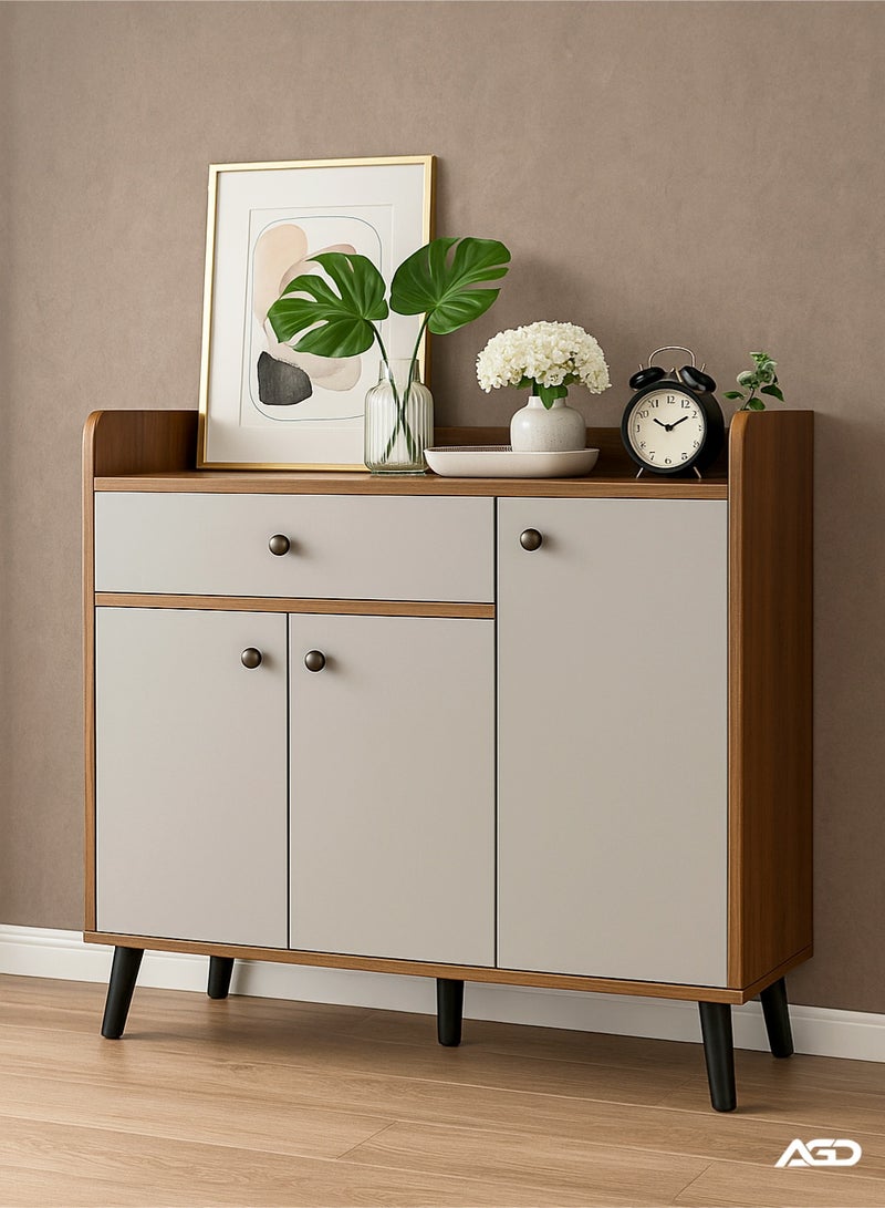 AGD Wooden shoe Cabinet, with 3 Doors and 1 Drawer, Multipurpose Side Cabinet for Hallway, Bedroom, and Office (brown-white) - Image 1