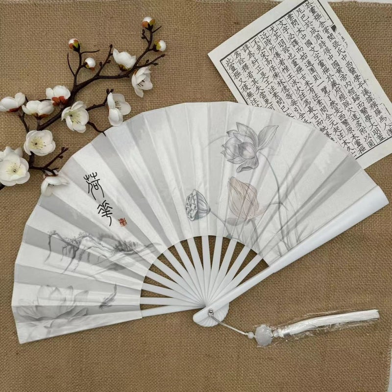 8-Inch Double-Sided Chinese Silk Folding Fan white lotus 