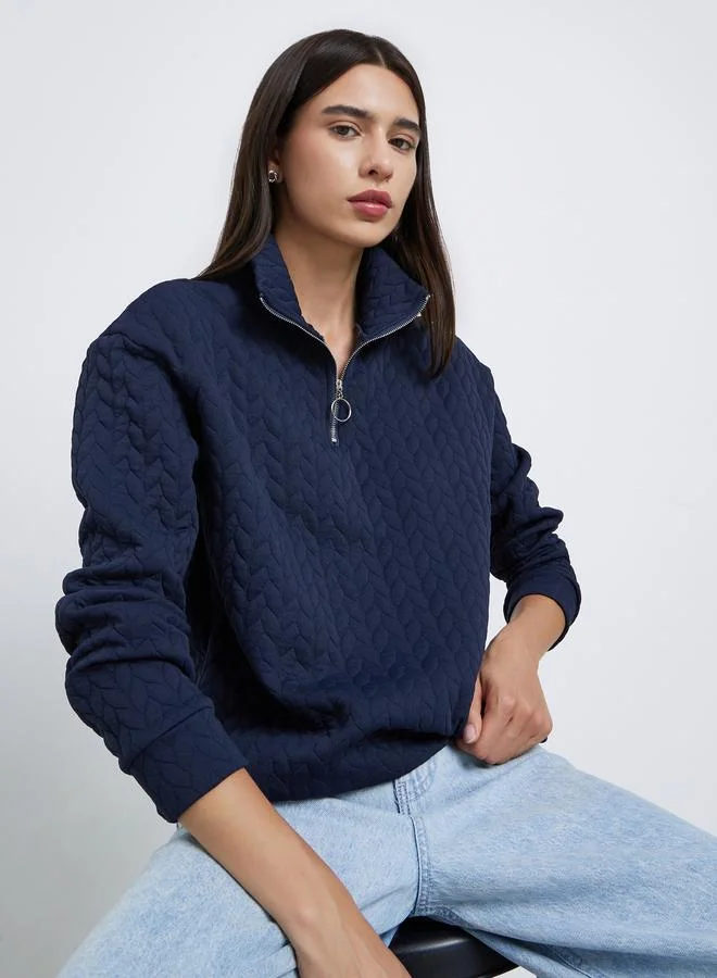 Take Two Take Two Navy Blue Quilted Look Sweatshirt