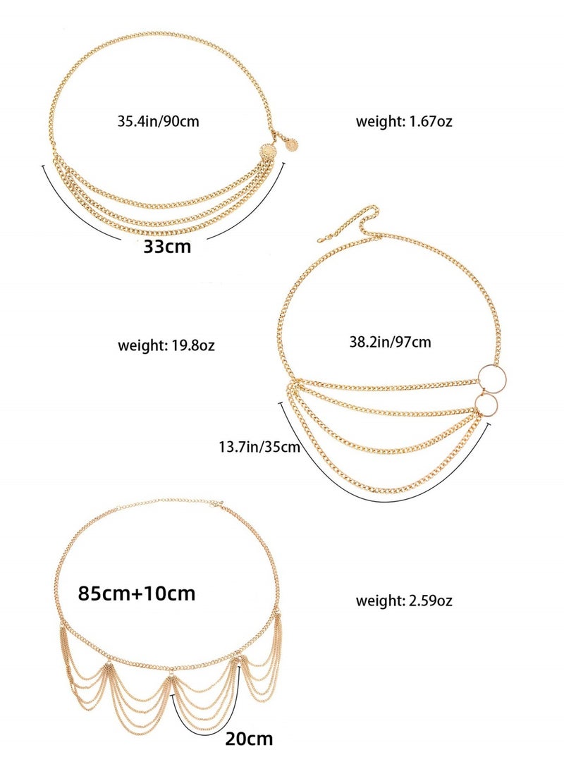 3 Pcs Multi-Layer Metal Waist Chain, Adjustable Gold Body Chain Belt for Women & Girls Summer Beach Jewelry - Image 3