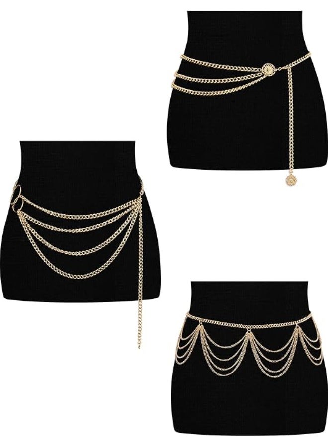 3 Pcs Multi-Layer Metal Waist Chain, Adjustable Gold Body Chain Belt for Women & Girls Summer Beach Jewelry - Image 2