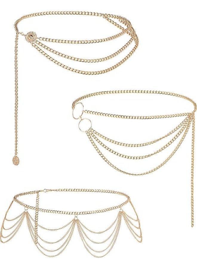 3 Pcs Multi-Layer Metal Waist Chain, Adjustable Gold Body Chain Belt for Women & Girls Summer Beach Jewelry - Image 1
