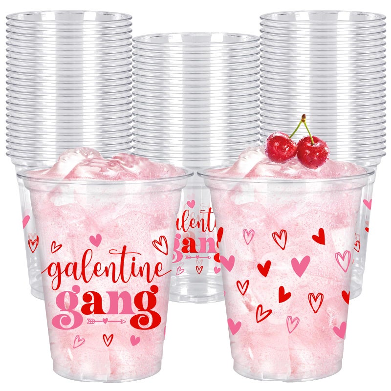 Whaline 50 Pcs 12 Oz Galentines Day Disposable Cup Plastic Party Cup Galentines Gang Heart Clear Glasses for Girls Ladies Valentine's Day Party Coffee Juice Drink Supplies Decorations - Image 1