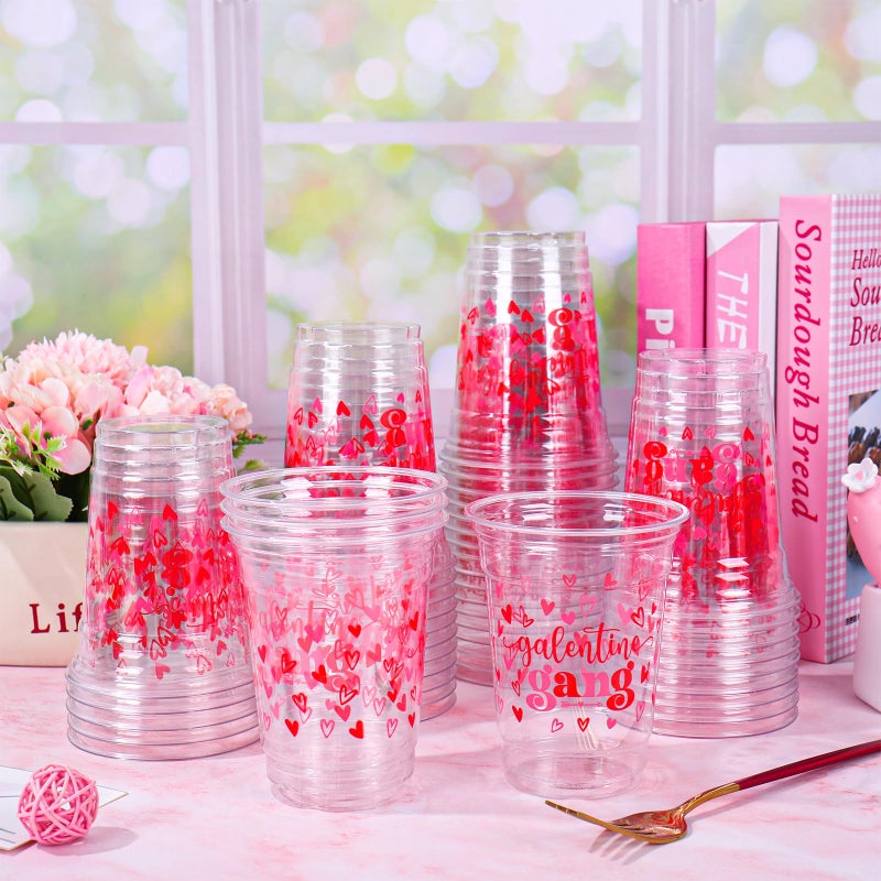 Whaline 50 Pcs 12 Oz Galentines Day Disposable Cup Plastic Party Cup Galentines Gang Heart Clear Glasses for Girls Ladies Valentine's Day Party Coffee Juice Drink Supplies Decorations - Image 5