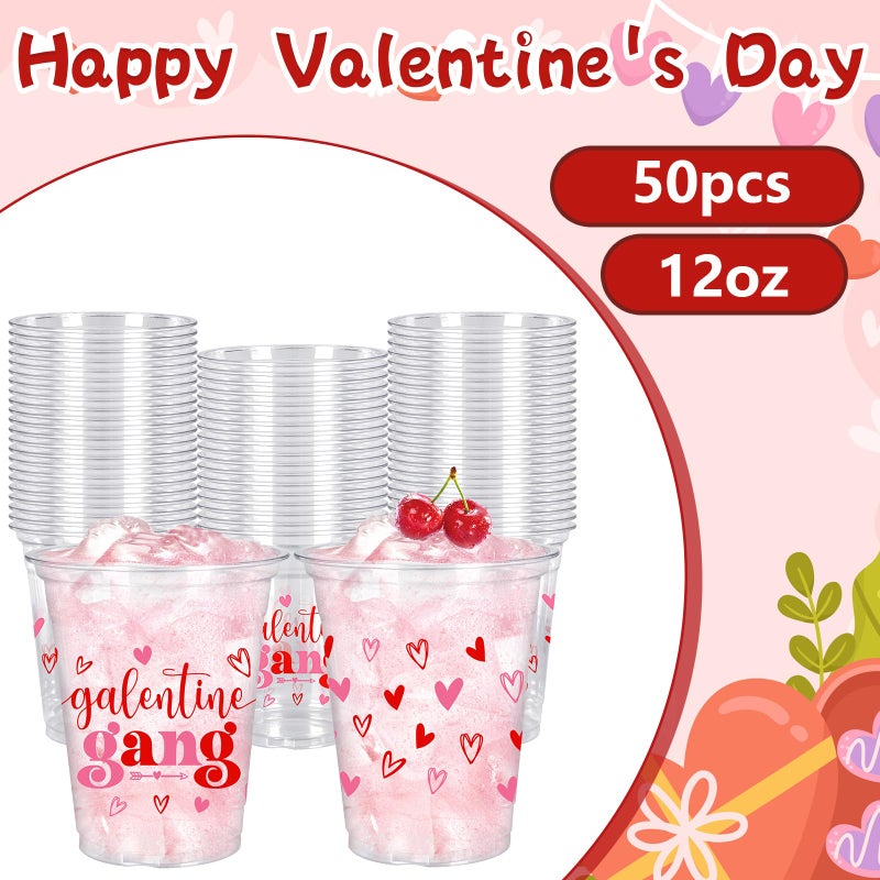 Whaline 50 Pcs 12 Oz Galentines Day Disposable Cup Plastic Party Cup Galentines Gang Heart Clear Glasses for Girls Ladies Valentine's Day Party Coffee Juice Drink Supplies Decorations - Image 3