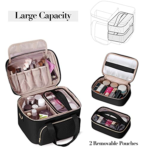 Prokva Travel Makeup Bag with 2 Pouches and Adjustable Dividers, Large Cosmetic Case Make up Organizer for Women Fits Bottles Vertically, Black (Patented Design) - Image 2